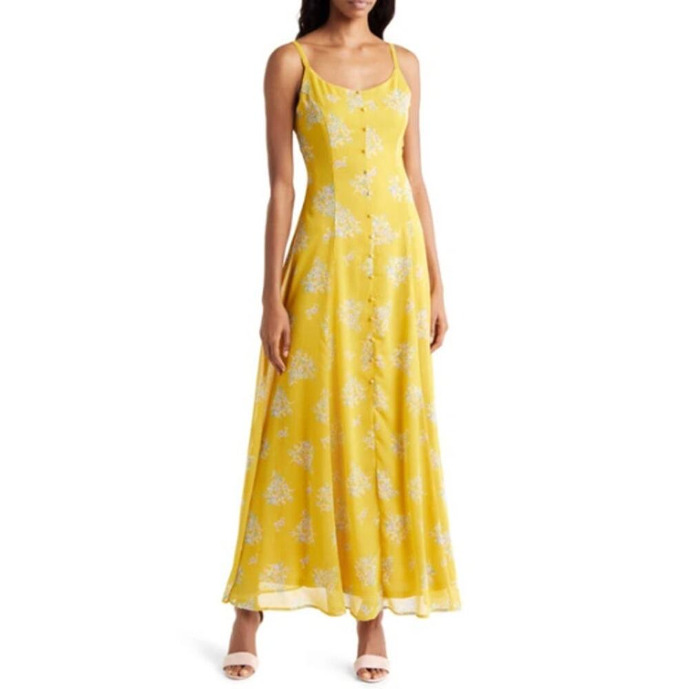 NEW CHELSEA 28 Yellow Cluster Flower Floral Print Maxi Sundress Size L